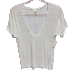 Free People Oversized 52% Linen Woven Knit Crochet Trim Saturday Tee Shirt